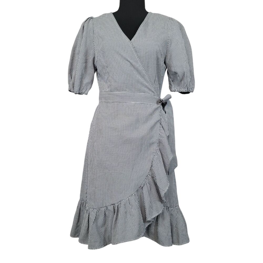 Navy & White Gingham Wrap Dress with Ruffle Hem - Size Small